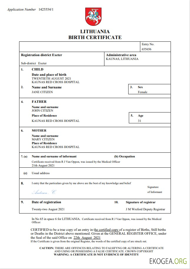 Modèle Word et PDF d'acte de naissance en Lituanie